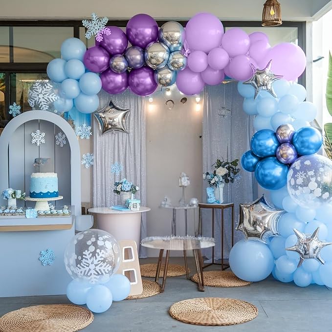 Winter Birthday Balloons, 50Pcs 12 Inches Metallic Purple Blue Silver Snowflake Balloons for Girls Winter Theme Birthday Snow Theme Party Baby Shower Party Decorations