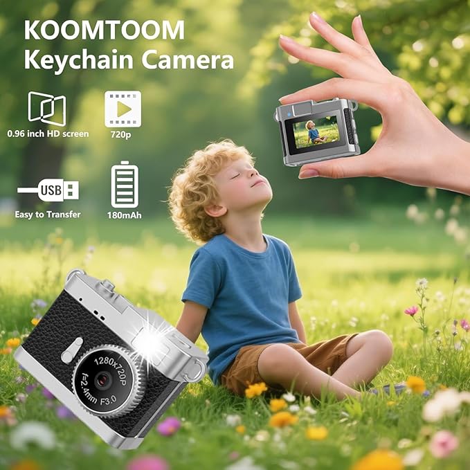 KOOMTOOM Keychain Camera,720P HD Mini Retro Camera,Tiny Digital Photocamera with 32GB SD Card,0.96'' Pocket Video Recorder Gift for Kids Students,Suprise Box Included (K142 - Black)