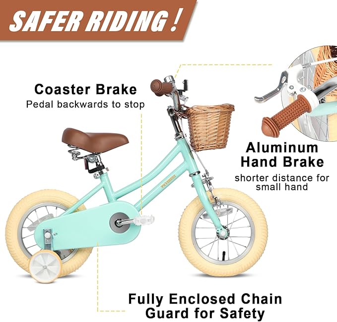Petimini Vintage Kids Bike for Girls, 12–20 Inch Classic Bicycle with Wicker Basket & Bell, High Tensile Steel Frame, Training Wheels (12–18”), 85% Pre-Assembled, Retro Bike for Outdoor Riding