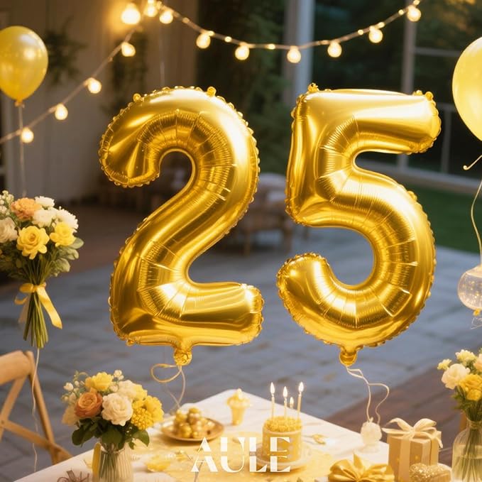 AULE 40 Inch Large 25 Number Balloons Gold, Big Foil Number Balloons, Giant Helium Happy 25th Birthday Party Decorations for Man and Women, Huge Mylar 52 Anniversary Party Supplies