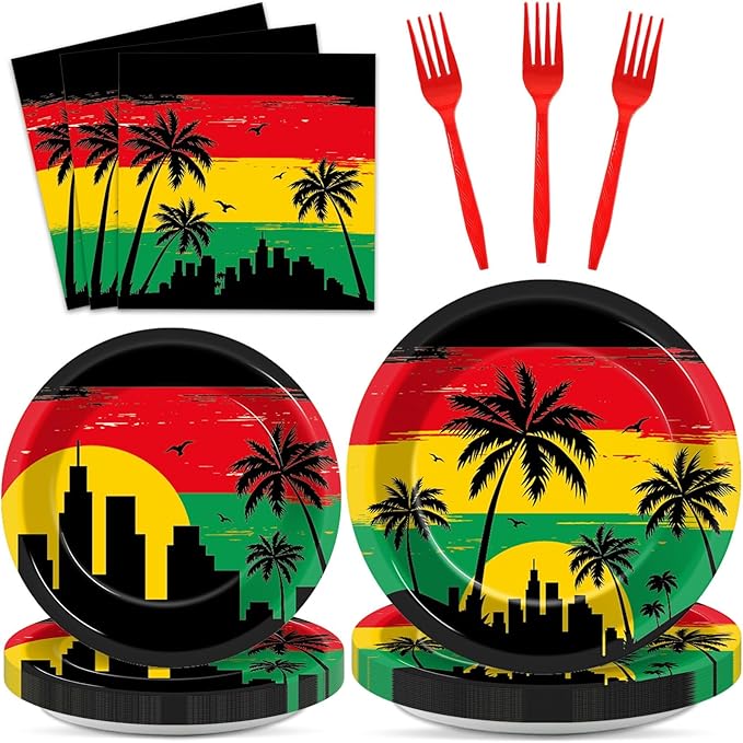 gisgfim 96Pcs Jamaican Rastafari Party Supplies Jamaican Music Birthday Party Plates and Napkin Palm Tree Grafitti Tableware Dinnerware Set Decorations Favors for Hawaiian Serves 24