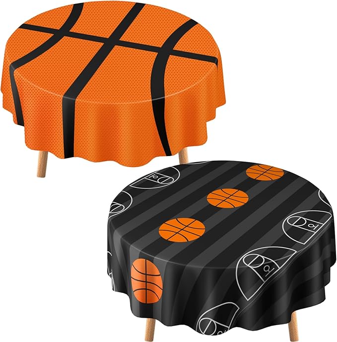 2 Pack Round Basketball Tablecloth 84 Inch Plastic Basketball Party Decorations Disposable Table Cloth Washable Disposable Circle Table Cover for Birthday Party Supplies Decoration