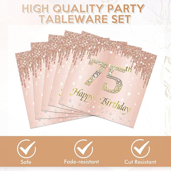 75th Birthday Decorations for Women,75th Birthday Party Plates and Napkins,Rose Gold 75 Year Old Party Theme Tableware 75 Party Table Decorations Supplies,Disposable 7'' Paper Plates, Napkins