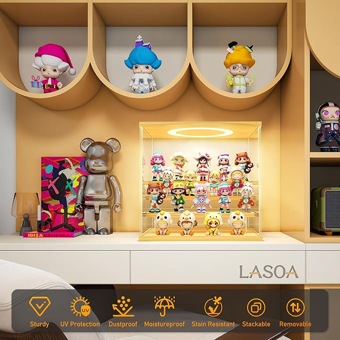 LASOA Acrylic Display Case with Adjustable LED Lights, 4 Tier Clear Display Box for Action Figures and Collectibles, Self-Assembly Showcase with Wooden Base for Miniatures, 11.8x8.9x11inch
