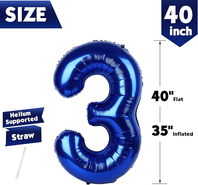 40 Inch Night Blue Number 3 Balloon, Giant 3 Number Balloons for 3rd Birthday Decorations, Party Supplies for Baby Boy Girl, Night Blue Party Decor