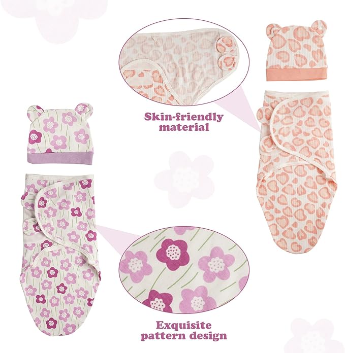 BABESIDE 2 Sets of Reborn Baby Doll Blankets with Hats for 17-24 Inch Babydolls, Reborn Baby Doll Accessories Set Babydolls Swaddle Blankets for Realistic Dolls Girl, Pink & Purple
