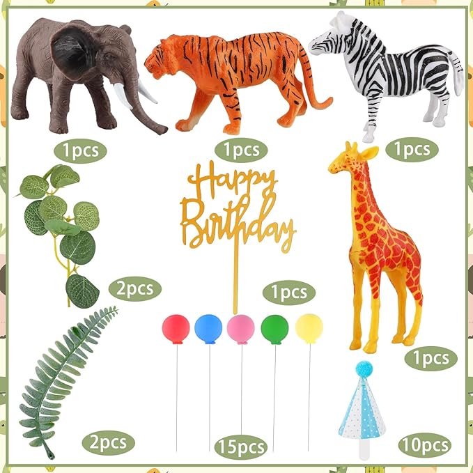 Hooqict 34 Pcs Safari Animal Cake Toppers with Mini Birthday Party Hats Party Animal Birthday Decorations Jungle Cake Decorations for Kids Wild Zoo Theme Party Decorations