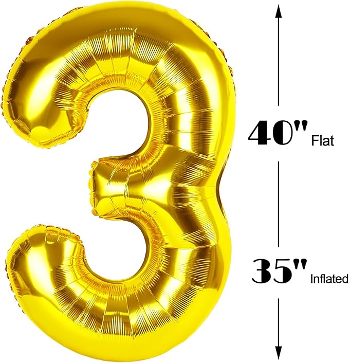 40 Inch Gold 3 Large Number Balloon, 3 13 23 30 33 Wednesday Golden Birthday Party Decorations, Number Three Foil Balloons for Anniversary Party Graduations Celebration Supplies