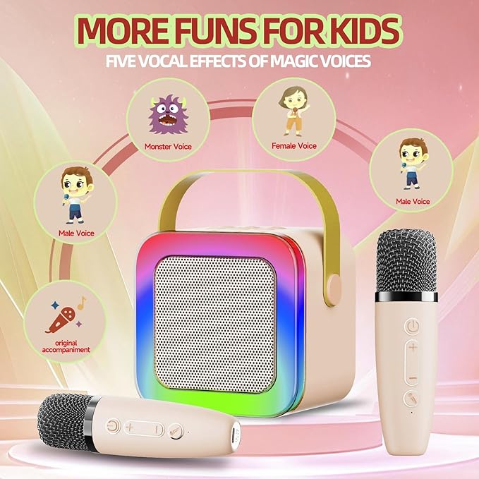 Karaoke Machine for Kids Teen Adults, Mini Karaoke Machine with 2 Wireless Microphones and LED Lights Toys for Christmas Birthday Party, Home, Gifts for 3-12+ Year Old Girls Boys
