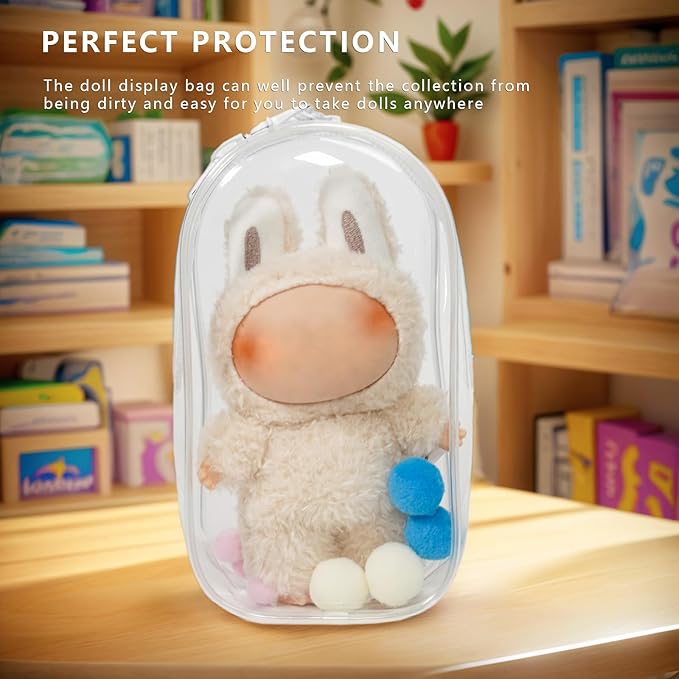 Clear Display & Storage Case for 17cm Doll – PVC Bag with Detachable Keychain for Collectible Toys and Cosmetics, Portable cases for Travel or Home Decor (7 Inches)