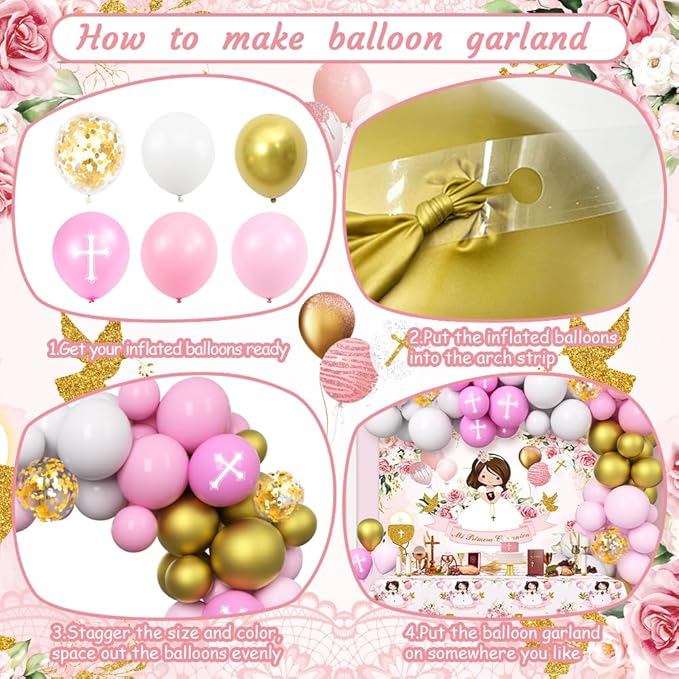 Mi Primera Comunión Decorations for Girls, 90 Pcs Baptism Theme Balloons Mi Primera Comunión Pink Backdrop First Holy Communion Decorations God Bless Baptism Theme Party Supplies