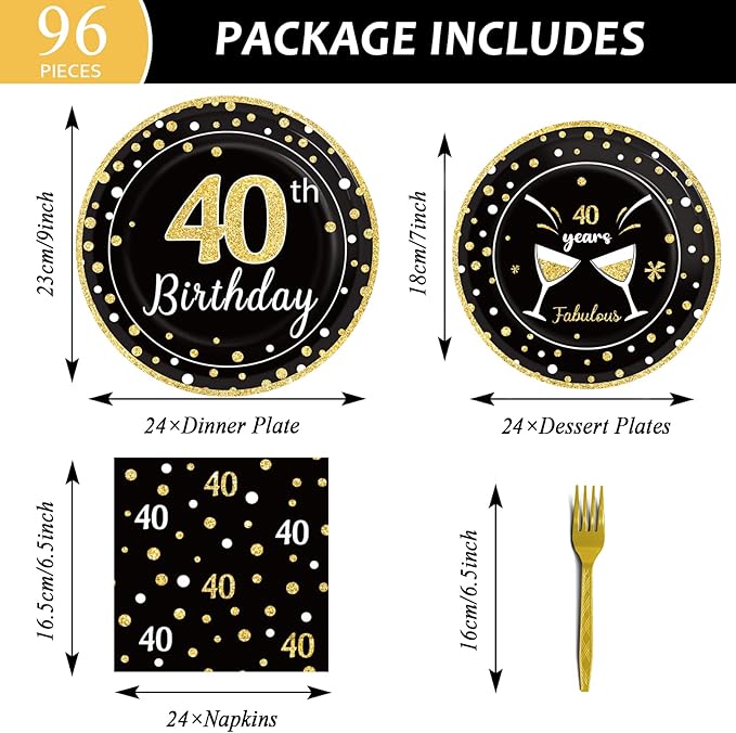 96 Pcs 40th Birthday Plates and Napkins Party Supplies Black Gold Happy Forty Theme Tableware Set 40th Birthday Decorations Favors for Men and Women Serves 24