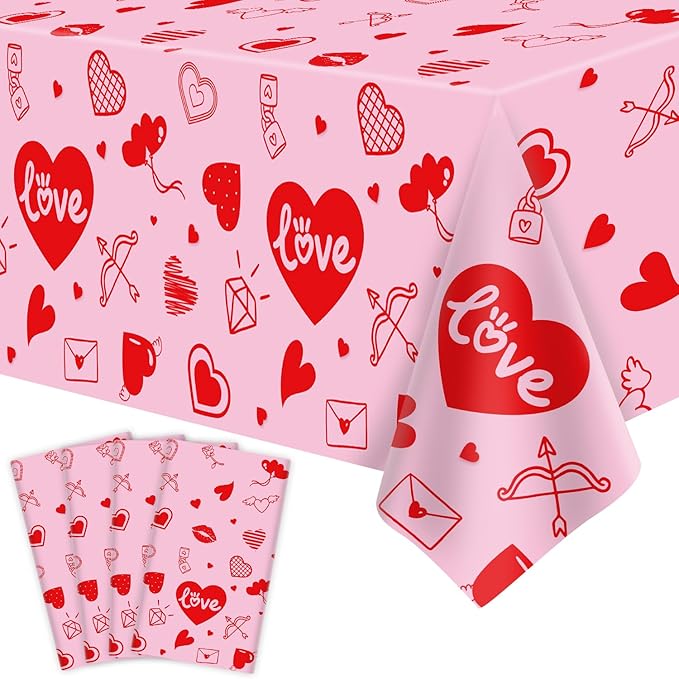 4 Pack Valentine's Day Tablecloth Valentine Love Heart Tablecloth Valentines Day Party Decoration Love Heart Table Cover Valentines Day Wedding Anniversary Birthday Decor 86 x 51 Inch