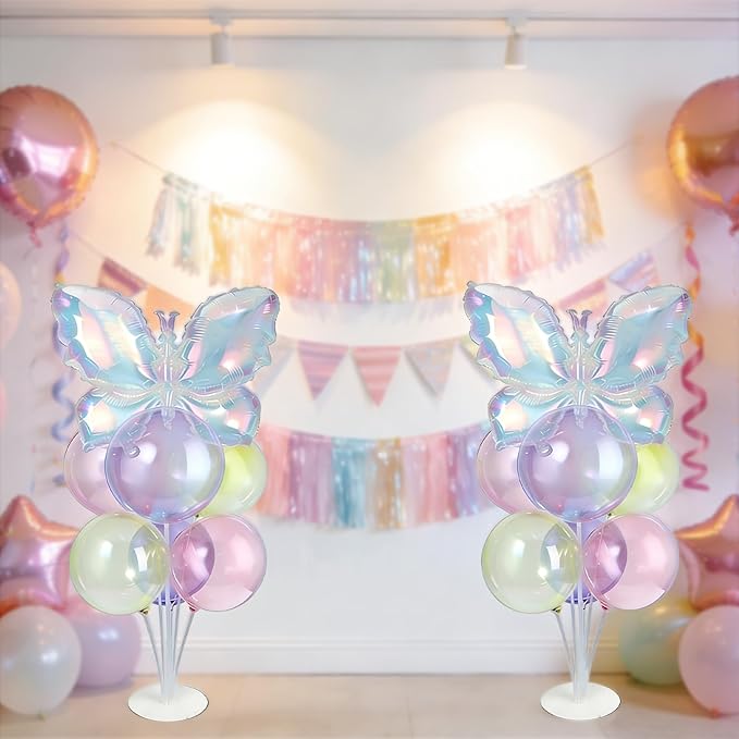 Colored Translucent Butterfly Party Balloons Stand Kit 2 Sets with Rainbow Holographic Clear Butterfly Foil Balloons Party Balloon Centerpiece for Tables for Holiday Birthday Wedding Decorations