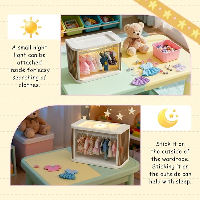 Foldable Doll Closet Wardrobe Storage Box Set with Night Light Doll Accessories Display Box with 8 Hangers and Rod Stackable Organizer Cabinet for 15/17cm Clothes with Dust Cover Display Rack Hook