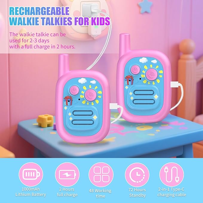 Walkie Talkies for Kids 2 Pack Rechargeable with 3 Miles Long Range, Toddler Walkies Talkies Pink Bule Toys Birthday for 3-8 Years Old Boys Girls for Outdoor Games Camping Hiking