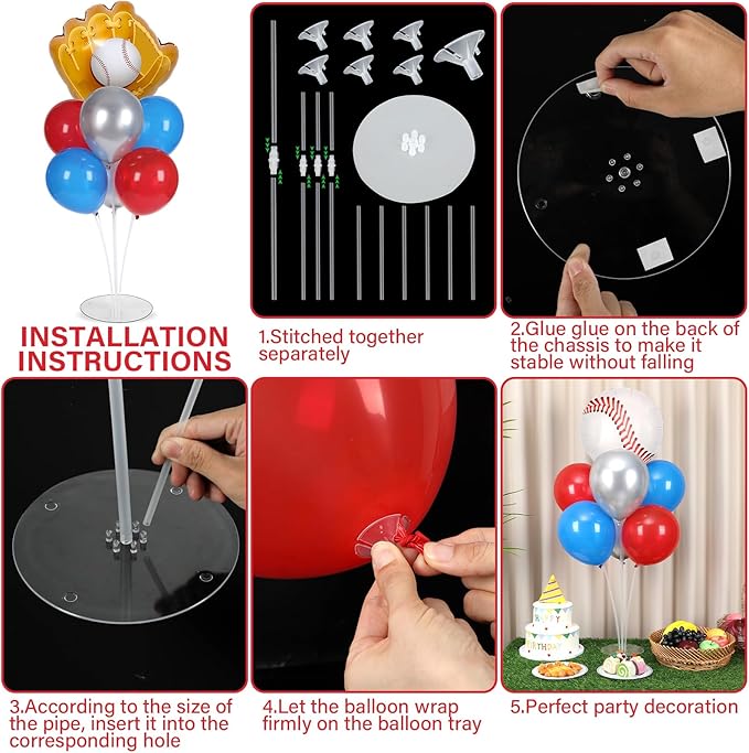 Baseball party Balloons Stand Kit 2 Sets with 2 Baseball Glove Foil Balloons Red Blue Silver Themed Party Balloon Centerpiece for Tables for Men Boys Game Sports Rookie Year 1st Birthday decorations