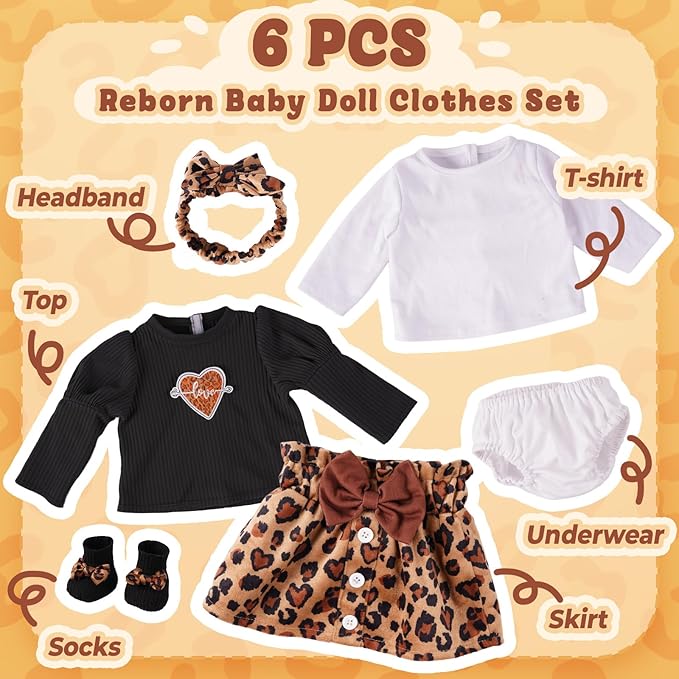 BABESIDE 5-Piece Reborn Baby Doll Clothes Set Fits 17-22 Inch Dolls with Leopard Dress, Headband, Coat, Baby Doll Reusable Diaper and Socks,Pretend Play Gift for Girls Kids Birthday Christmas