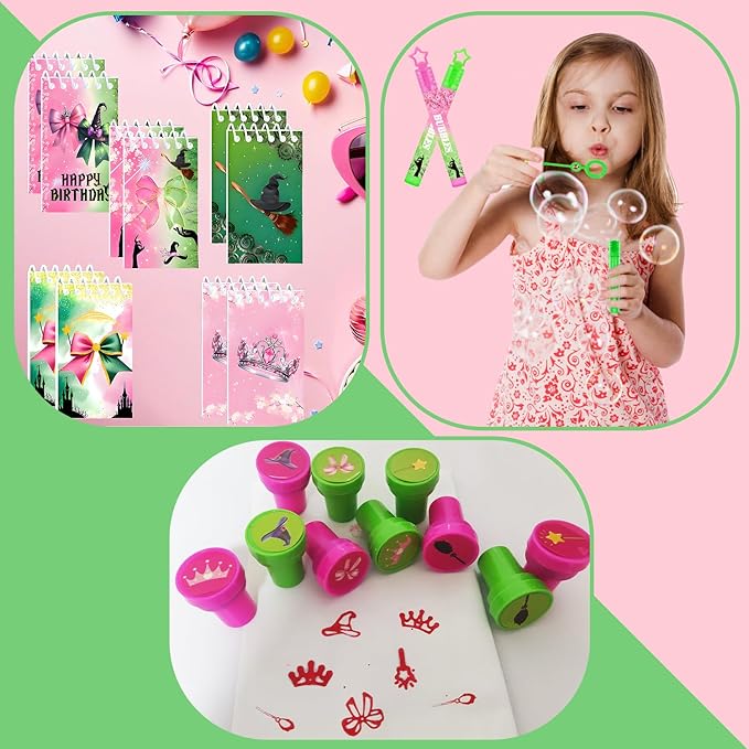 Pink and Green Party Favor Decorations 70Pcs Bubbles Notebooks Stamps Broom Pencils Plastic Straws Goodie Bags Wristbands for Birthday Theme Decor Gift Supplies