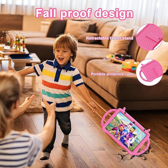Kids Tablet 10 inch Android 15, Tablet for Kids 3-7 with 10GB RAM 64GB ROM, 512GB Expandsion, with Parental Control, WiFi, 6000mAh，Bluetooth, Dual Camera with Shockproof Case (Pink)