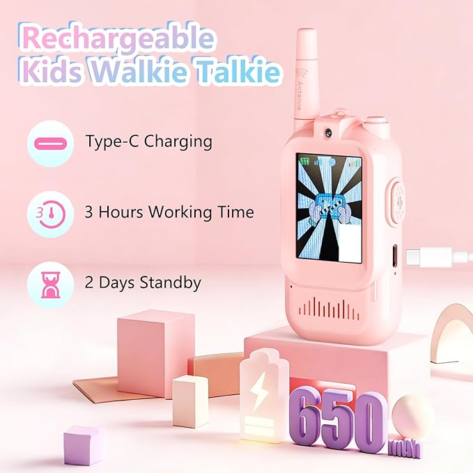Video Walkie Talkies, Rechargeable Toddler Toys with HD Camera & 4 Switchable Voice, 1000FT Range for Christmas Birthday Gifts for Family Game, Camping for Boys Girls Ages 3-12 (Blue/Pink), 2 Pack
