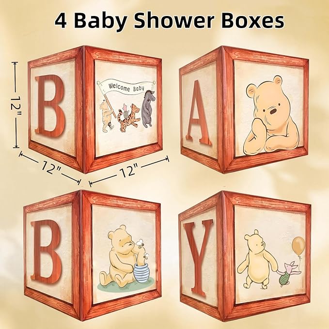 Classic Winnie Baby Shower Boxes Decoration Winnie Baby Boxes For Balloons Arch Decor Newborn Gender Reaveal Supplies Party Photo Props Centerpieces(4 PCS)