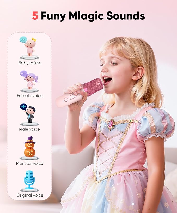 Mini Karaoke Machine Toy for Kids, Portable Karaoke Machine with 2 Wireless Microphone for 4,5,6,7,8,9,10,11,12+ Years Old Christmas Birthday Gifts Girls Boys (Pink)