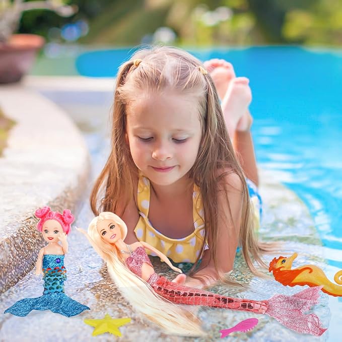 MIOKIDZFUN Princess Mermaid Dolls Playset, 12" Fashion Dress Doll with 4" Little Mermaid Seahorse Figurine and Accessories,Mermaid Toys Gifts for Girls Aged 3 4 5 6 7 8