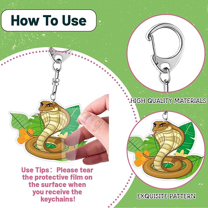 12 PCS Snake Party Favors Snake Acrylic Keychains for Reptile Snake Birthday Party Decorations Supplies Gifts for Kids Classroom Prizes