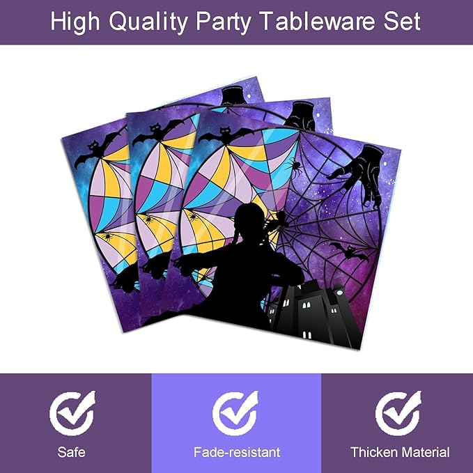 96 Pcs Wednesday Plates and Napkins Party Supplies Gothic Wednesday Party Supplies Including Wednesday Party Plates and Napkins Forks, Wednesday Birthday Decorations for Girls
