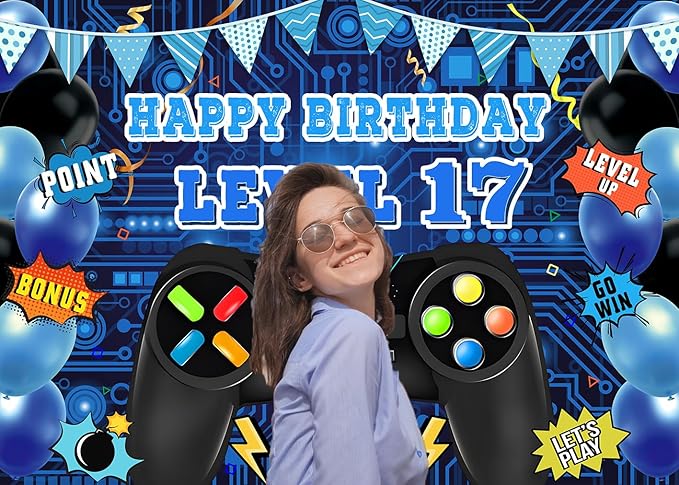 Game Theme Level 17 Birthday Backdrop Video Game Happy 17th Birthday Party Decorations Level Up Theme Boys Kids Birthday Party Supplies(7×5FT)