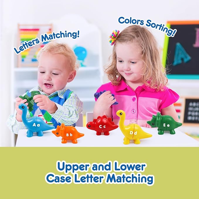 26pcs Alphabet Dinosaurs Matching Toy, Toddlers ABC Learning Dinosaurs with Uppercase Lowercase, Match and Snap Fine Motor Game Preschool Learning Activities, Birthday Gifts for Boys & Girls