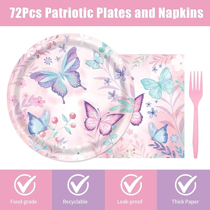 72Pcs Butterfly Plates and Napkins, Butterfly Birthday Paper Plates and Napkins with Forks Disposable Tableware Set for Girl Butterfly Birthday Decorations