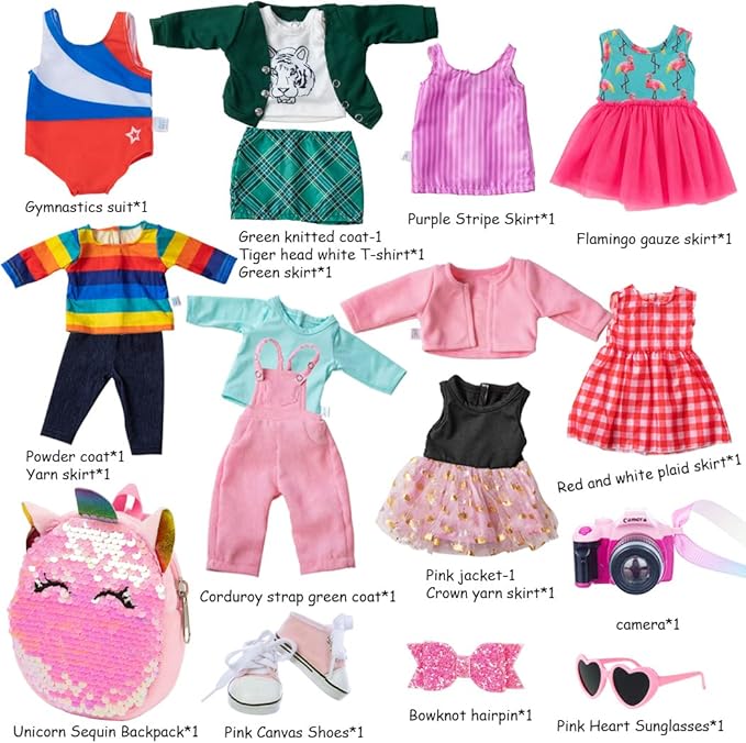 Ebuddy Doll Clothes & Accessories - 8 Sets Outfit with Shoes, Backpack, Glasses, Camera, Pad for 18 Inch Girl Dolls