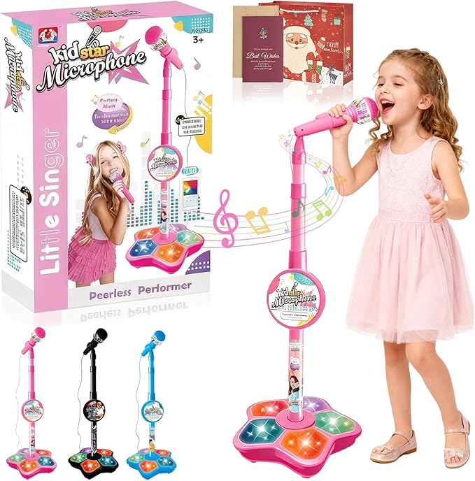 The All-in-One Microphone Toy, Funny Kids Microphone with Adjustable Stand, Speaker & Colorful LED, Multi-Functional Karaoke Microphone Toy for Boys & Girls, Gifts for Little Singers (1-Pink)
