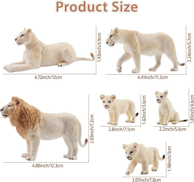 Toymany 6PCS White Lion Figurines with Lion Cubs, 2-5" Wild Life Jungle Animals Figures Realistic Family Set Includes Baby Lions, Educational Toy Cake Toppers Easter Birthday Present for Kids