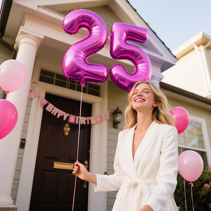40 Inch Large 25 Balloon Numbers Rose Purple Big Foil Number Balloons Giant Helium Happy Birthday Party Decorations for Man and Women, Huge Mylar Anniversary Party Supplies