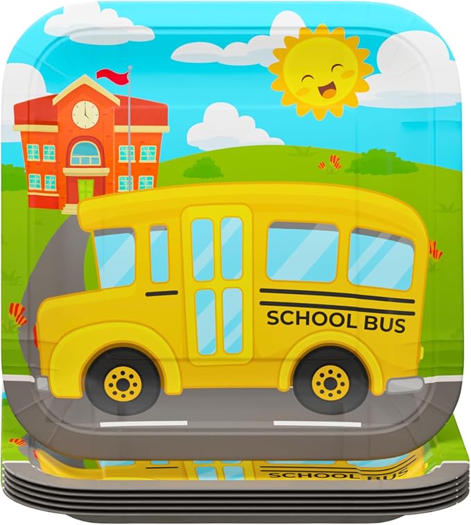 School Bus Deluxe Party Supplies Pack (122 Pieces for 16 Guests) - School Bus Party Supplies, School Bus Birthday Plates and Napkins, School Graduation Decorations, Transportation Party, Blue Orchards
