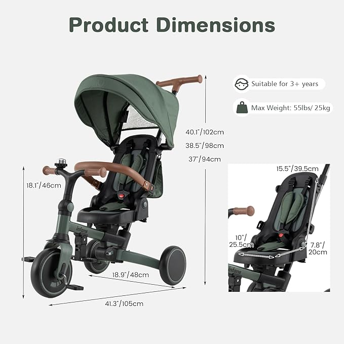 INFANS 9-in-1 Foldable Toddlers Tricycle, Converts Stroller to Balance Bike with Adjustable Push Handle, Canopy & Backrest, Pedal Conversion, Retractable Rear Wheels for 1-6 Years (Green)