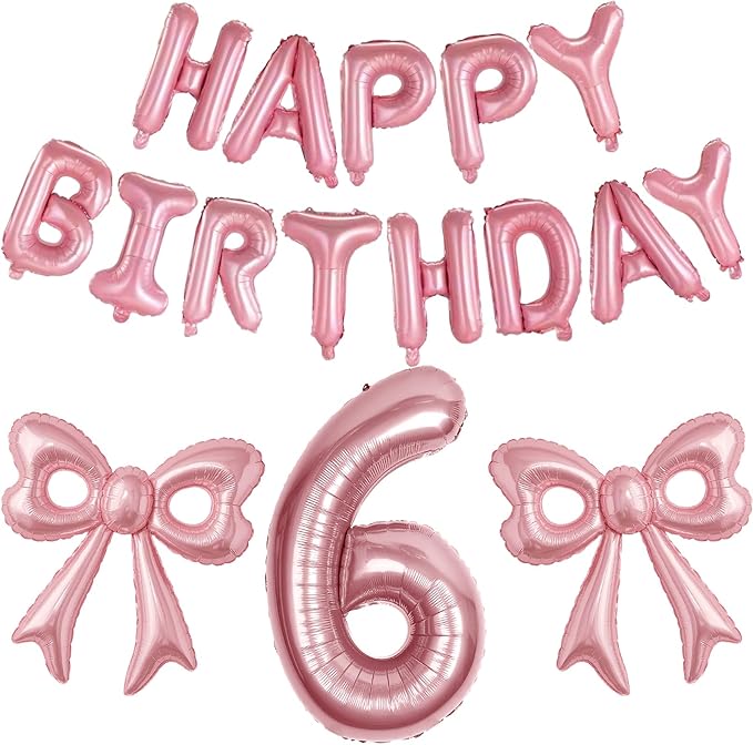 Bow Number 6 Birthday Balloons, 40" Pink Aluminum Foil Balloons Happy Birthday Balloon for Girl 6th Birthday Party, Princess, Coquette Party Decorations Supplies