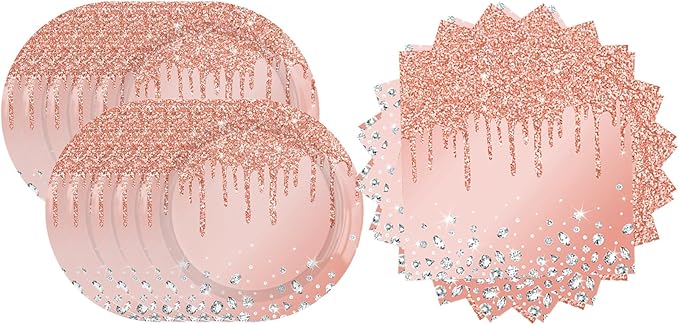 Pink Rose Gold Birthday Decorations, Dessert Plates and Napkins for Girls - Disposable Party Favors (20 Plates and 20 Napkins)