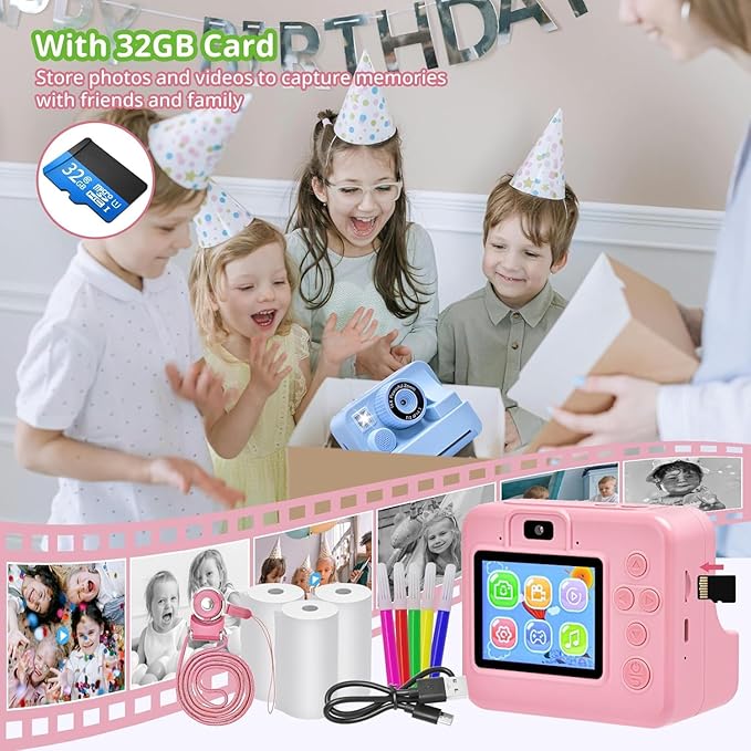 Kids Camera Instant Print, Christmas Birthday Gifts for Kids Age 3-12, Selfie Digital Camera with 1080P Videos,Toddler Portable Travel Camera Toy for 4 5 6 7 8 9 Year Old Boys (Pink)