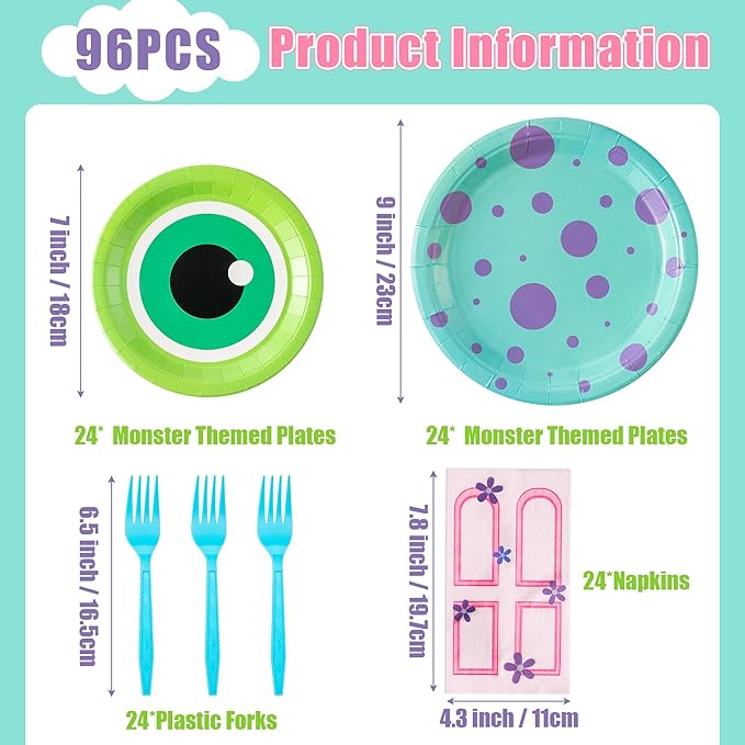 Monster Birthday Party Supplies - 96pcs Paper Plates Napkins Plastic Forks Kids Girl Boy Little Birthday Party Table Decorations Monster Themed Disposable Cake Tableware Set for 24 Guests