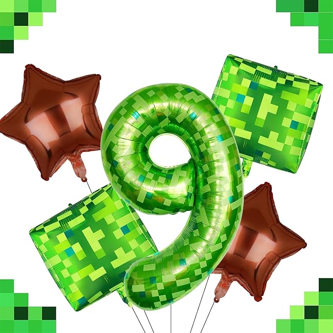 5Pcs Green Pixel Miner Number 9 Foil Balloon Set 40 Inch Large Mylar Mining Theme 9th Number Balloons Pixel Cubes Boxes Video Game Birthday Party Decorations
