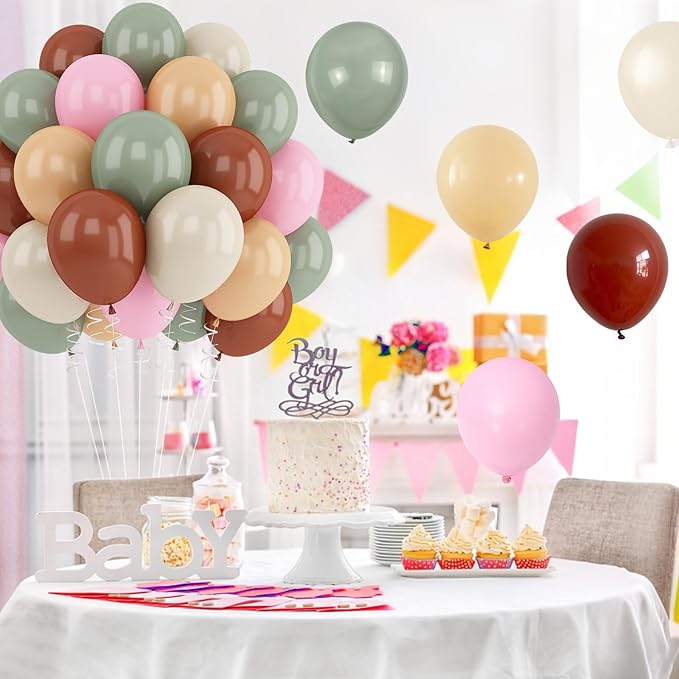 Sage Green Pink Balloons 12inch Dusty Green Pink Brown Balloon for Wild One Girls Birthday Safari Jungle Party Decorations Fog Green Beige Nude Blush Coffee Brown Latex Helium Balloon for Arch