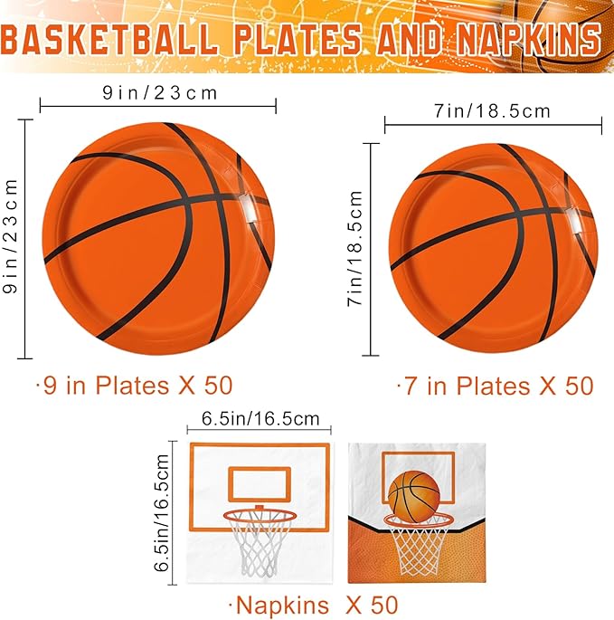 150 PCS Basketball Plates and Napkins Supplies - Dinner & Dessert Plates, Napkins for Basketball Birthday Party Decorations, Serves 50