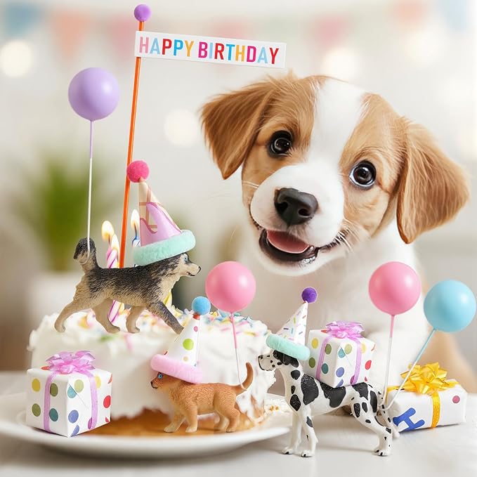 Weysat 37 Pcs Dog Birthday Party Decorations, Puppy Cake Cupcake Toppers with Mini Hats Miniature Flags Gift Boxes Balls Figure Models for Dog Puppy Themed Party Supplies for Adults