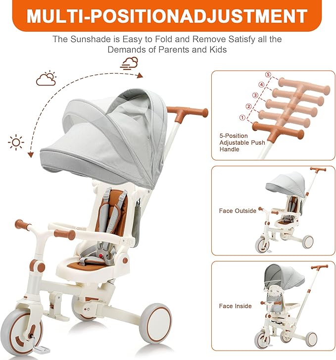 7-in-1 Toddler Tricycle with Parent Push Handle & Canopy, Fully Foldable & Adjustable Stroller, Balance and Pedal Bike for Kids 18 Months to 5 Years,Beige