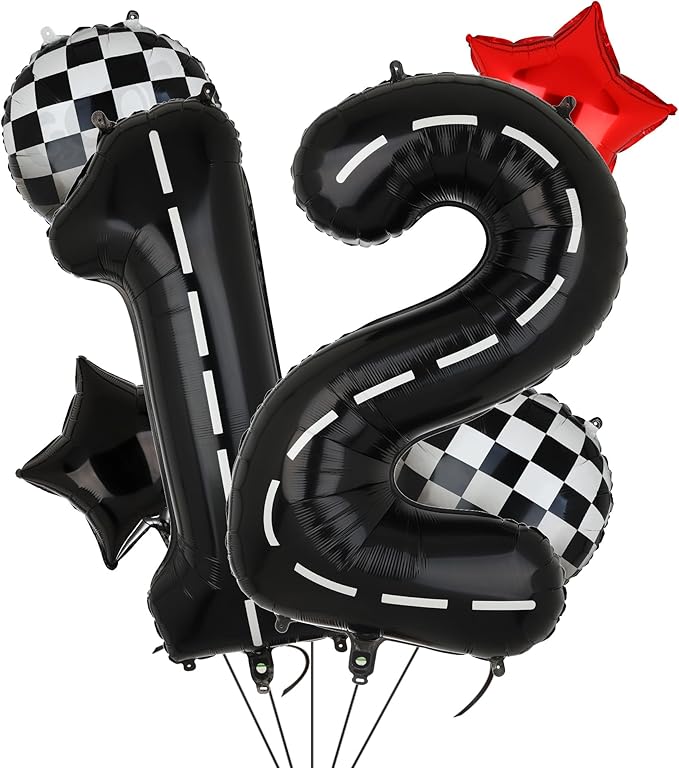 Race Car Birthday Balloons 40 Inch Racetrack Number Balloon 12 Black Boys 12st 21st Birthday Race Car Theme Party Decor Supplies 6 Pcs