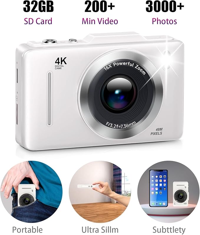 Kids Digital Camera,4800MP Selfie Camera,4K 1080P HD Video,with16X Zoom Anti Shake,Kids Chritmas Birthday Festival Gift - 32G SD Card